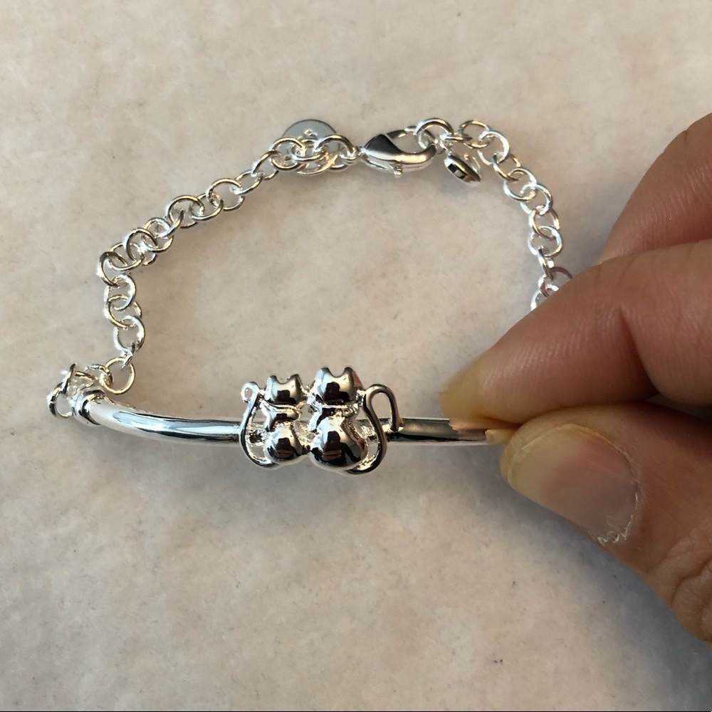 Silver Two Cat Bracelet Chain 8” Animal Crazy Women Lover Present Charm Clasp